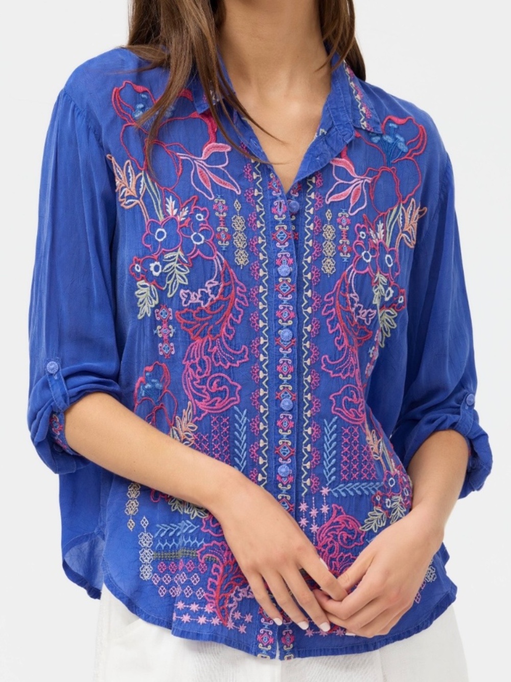 Johnny Was XS New No Tags Luisa Blouse Blue Top Roll Sleeves Embroidered Shirt - Picture 3 of 7
